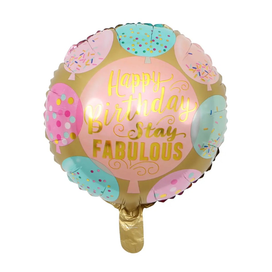 Balon din Folie Metalizata, Vivimall, Mini Figurina Rotunda, Model Happy Birthday Stay Fabulous, Tematica Aniversare, 45 cm, Ambalaj Individual, Pai Inclus, Umflare cu Aer sau Heliu, Multicolor - vivimall.ro