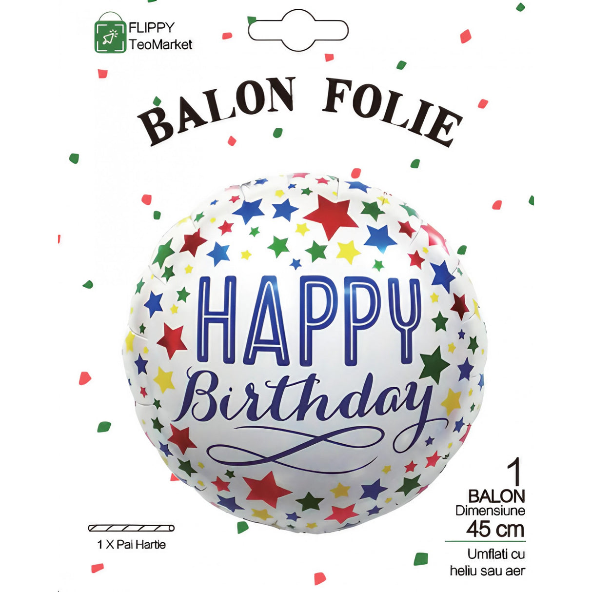 Fém fólia lufi, Mini kerek figura, Boldog születésnapot modell, Évfordulós téma, 45 cm, ​​Egyedi csomagolás, Szalma mellékelve, Fújható levegővel vagy héliummal,