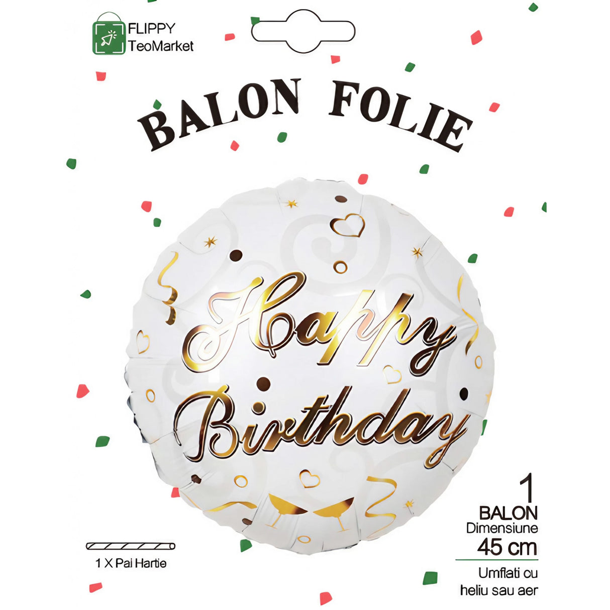 Fém fólia lufi, Mini kerek figura, Boldog születésnapot modell, Évfordulós téma, 45 cm, ​​Egyedi csomagolás, Szalma mellékelve, Fújható levegővel vagy héliummal,
