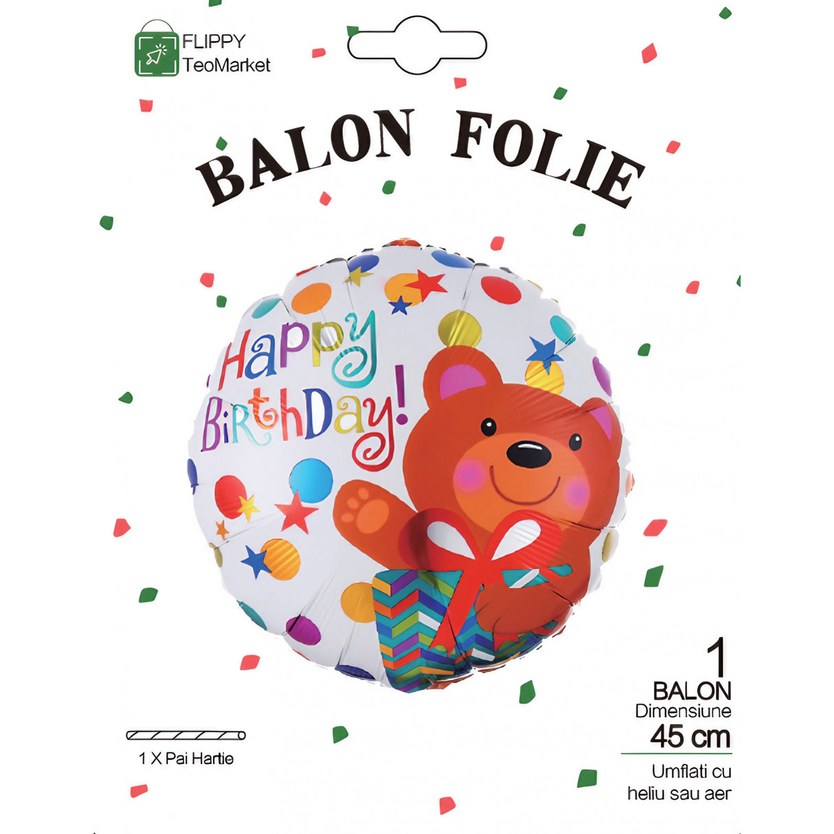 Balon din Folie Metalizata, Vivimall, Mini Figurina Rotunda, Model Happy Birthday Ursulet, Tema Aniversare, 45 cm, Ambalaj Individual, Pai inclus, Umflare cu Aer sau Heliu, Maro - vivimall.ro