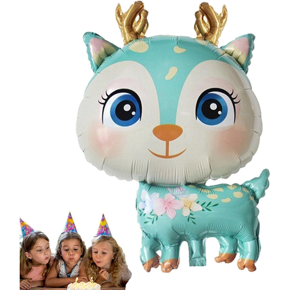 Fém fólia lufi, Mini figura, Szarvas modell, Születésnapi téma, Egyedi csomagolás, Szalma mellékelve, Fújható levegővel vagy héliummal,