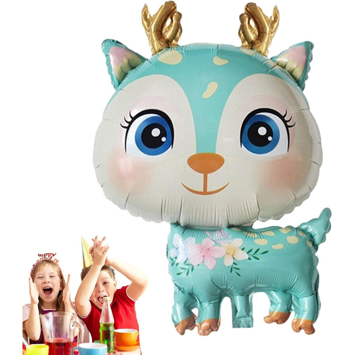 Fém fólia lufi, Mini figura, Szarvas modell, Születésnapi téma, Egyedi csomagolás, Szalma mellékelve, Fújható levegővel vagy héliummal,