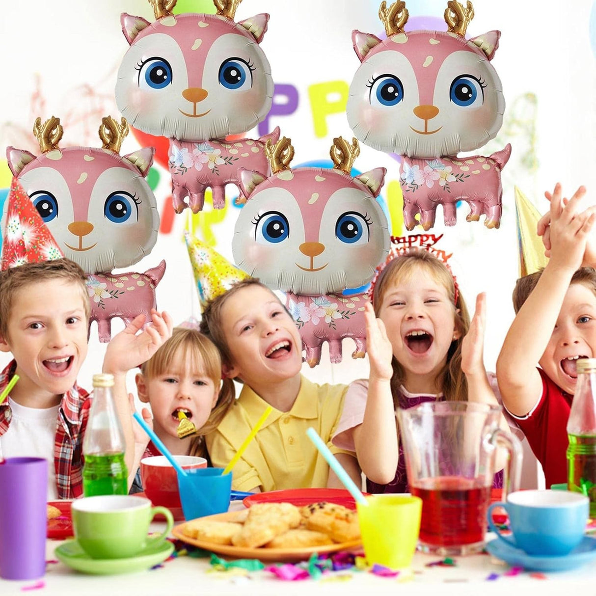 Fém fólia lufi, Mini figura, Szarvas modell, Születésnapi téma, Egyedi csomagolás, Szalma mellékelve, Fújható levegővel vagy héliummal,