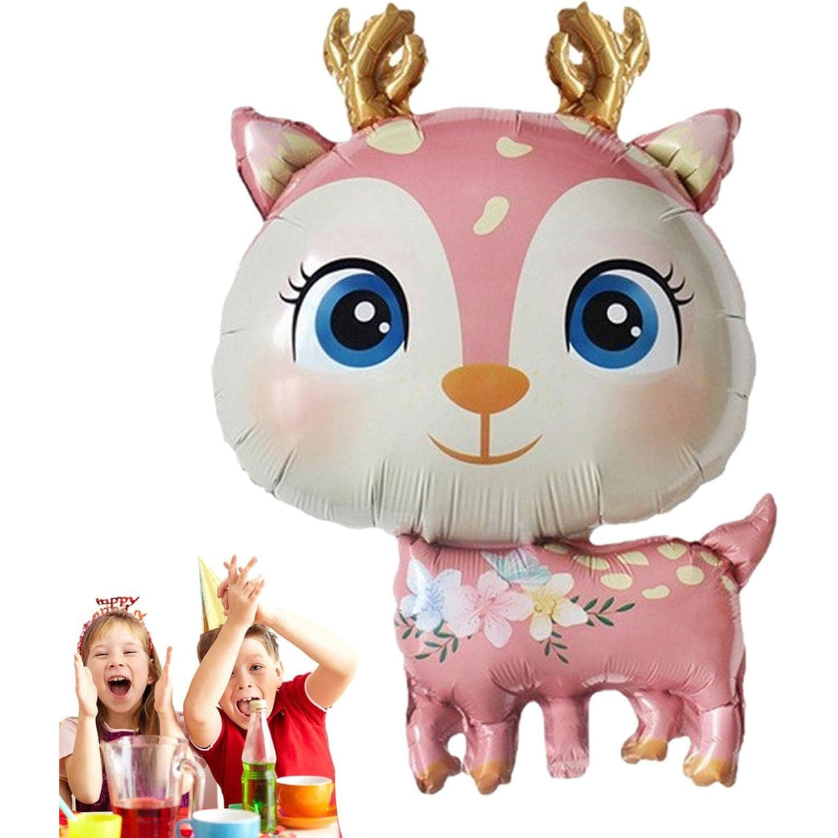 Fém fólia lufi, Mini figura, Szarvas modell, Születésnapi téma, Egyedi csomagolás, Szalma mellékelve, Fújható levegővel vagy héliummal,