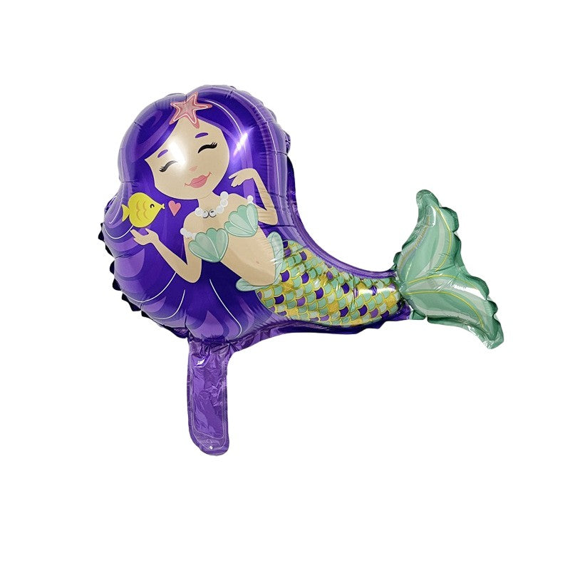 Balon din Folie Metalizata, Vivimall, Mini Figurine, Model Sirena cu Par Mov, Tematica Aniversare, 39x37 cm, Ambalaj Individual, Pai Inclus, Umflare cu Aer sau Heliu, Multicolor - vivimall.ro