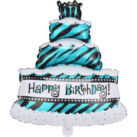 Balon din Folie Metalizata, Vivimall, Model Tort cu 4 Straturi, Balon Aniversar, Model Happy Birthday, 62x43 cm, Ambalaj Individual, Pai inclus,  Umflare cu Aer sau Heliu, Albastru - vivimall.ro