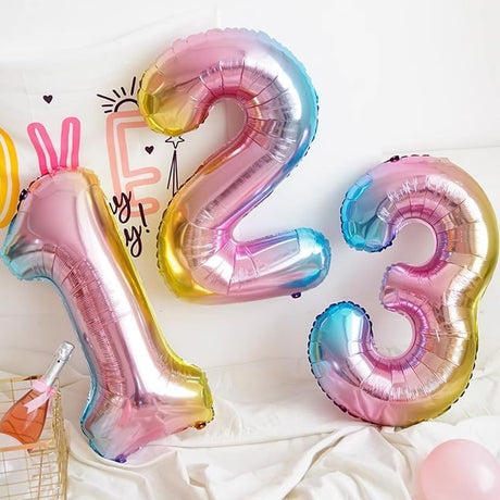 Balon din Folie Metalizata Gradient Vivimall, Figurina Cifra, Tema Aniversare 100 cm, Ambalaj Individual, Pai inclus, Umflare cu Aer sau Heliu, Multicolor, Cifra 2 - vivimall.ro