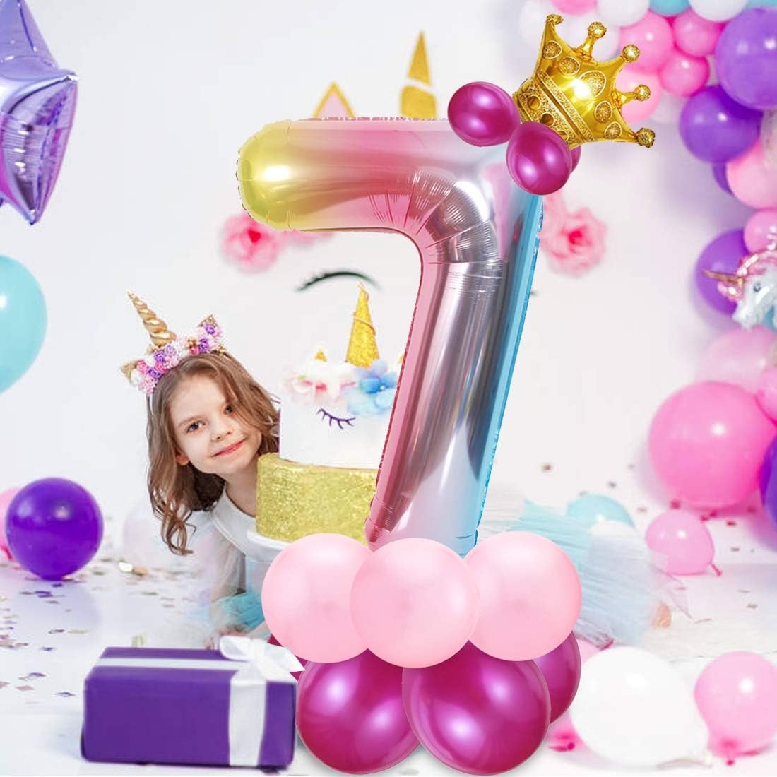 Balon Din Folie Metalizata Gradient Figurina Cifra, Tema Aniversare 100 Cm, Ambalaj Individual, Pai Inclus, Umflare Cu Aer Sau Heliu, Cifra 7 - vivimall.ro