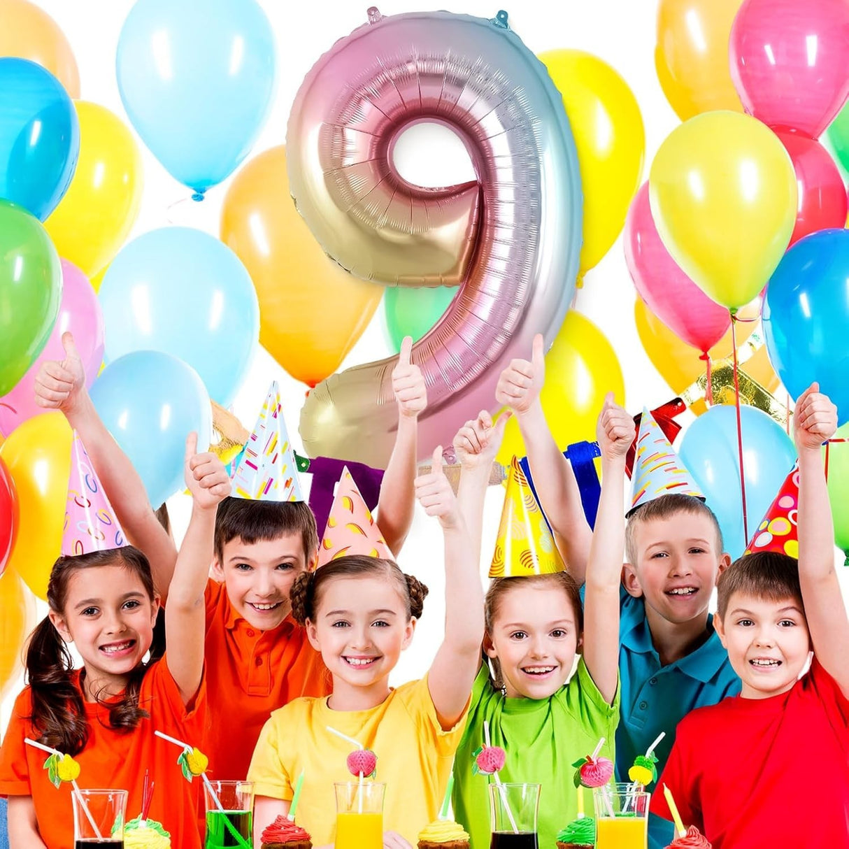 Balon din Folie Metalizata Gradient Vivimall, Figurina Cifra, Tema Aniversare 100 cm, Ambalaj Individual, Pai inclus, Umflare cu Aer sau Heliu, Multicolor, Cifra 9 - vivimall.ro