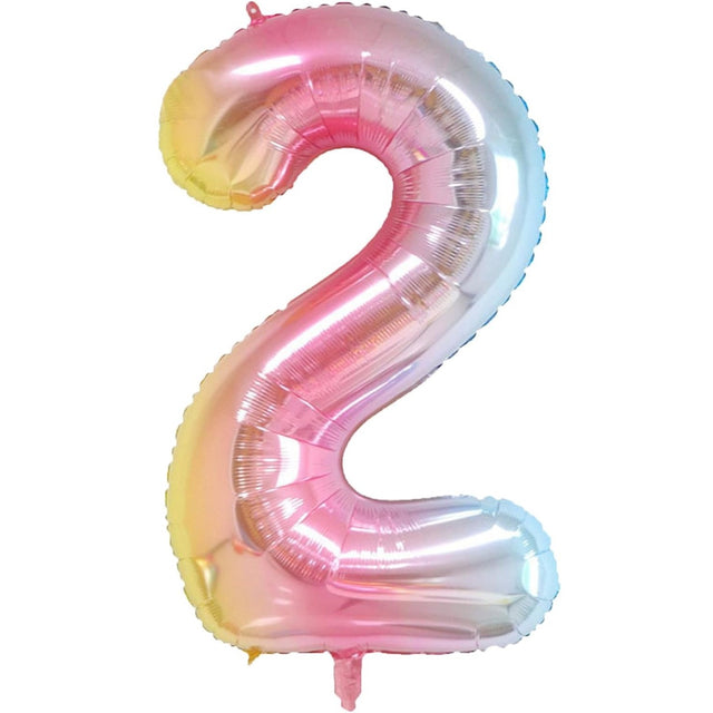 Balon din Folie Metalizata Gradient Vivimall, Figurina Cifra, Tema Aniversare 100 cm, Ambalaj Individual, Pai inclus, Umflare cu Aer sau Heliu, Multicolor, Cifra 2 - vivimall.ro