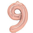 Balon folie metalizată cifra 9 rose gold coral, 100 cm, vedere frontală, pai inclus