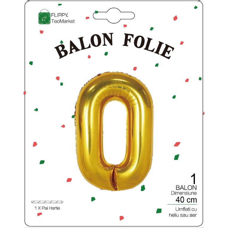 Fém fólia lufi, Számfigura, Születésnapi Motívum 40 cm, Egyedi csomagolás, Szalma mellékelve, Fújható levegővel vagy héliummal, 0-ás szám