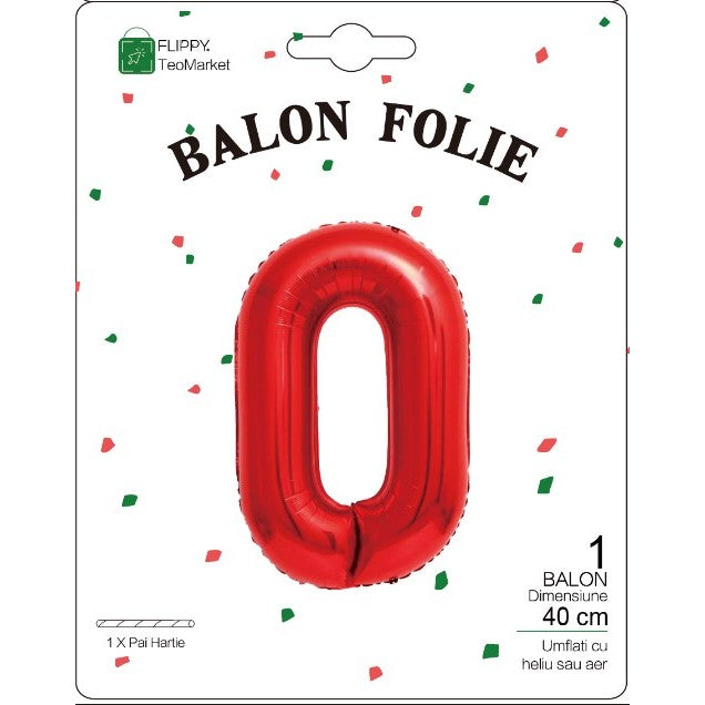 Fém fólia lufi, Számfigura, Születésnapi Motívum 40 cm, Egyedi csomagolás, Szalma mellékelve, Fújható levegővel vagy héliummal, 0-ás szám