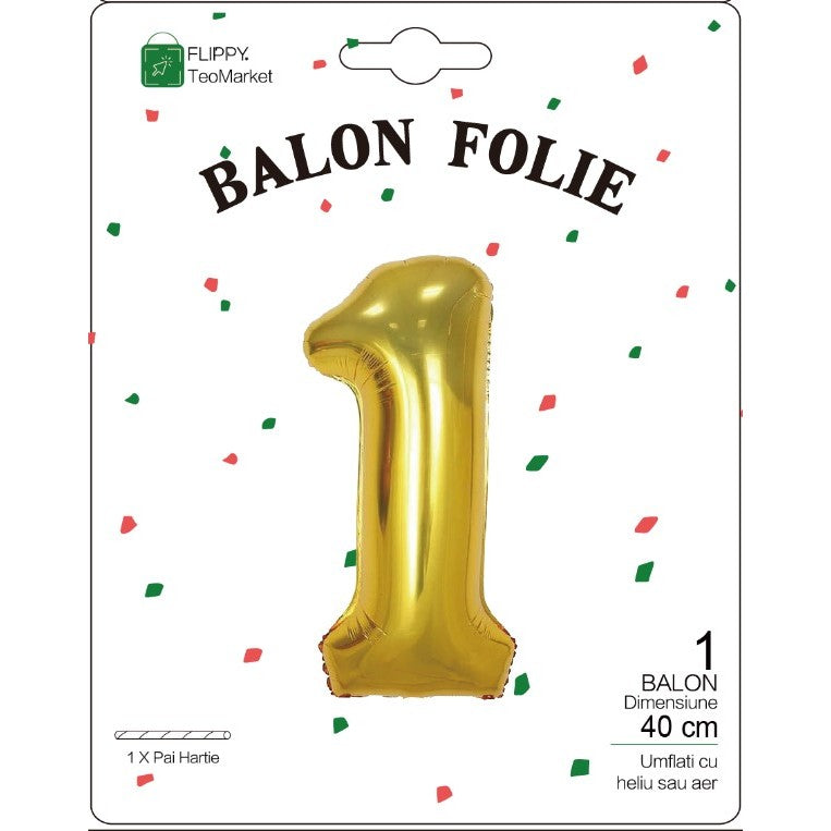 Fém fólia lufi, Számfigura, Születésnapi Motívum 40 cm, Egyedi csomagolás, Szalma mellékelve, Fújható levegővel vagy héliummal, 1-es szám