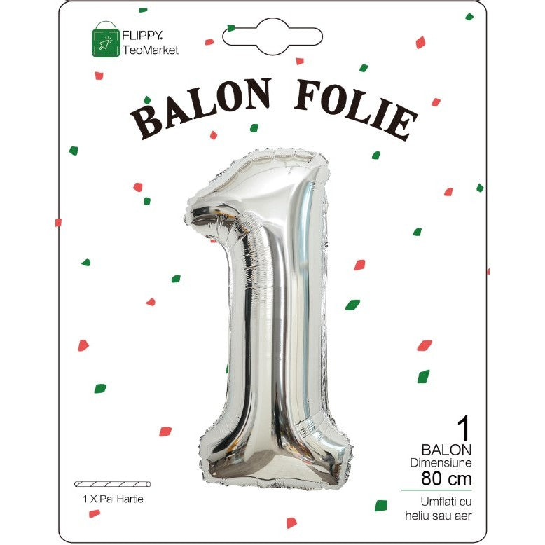 Balon Din Folie Metalizata, Figurina Cifra, Tema Aniversare 80 Cm, Ambalaj Individual, Pai Inclus, Umflare Cu Aer Sau Heliu, Cifra 1 - vivimall.ro