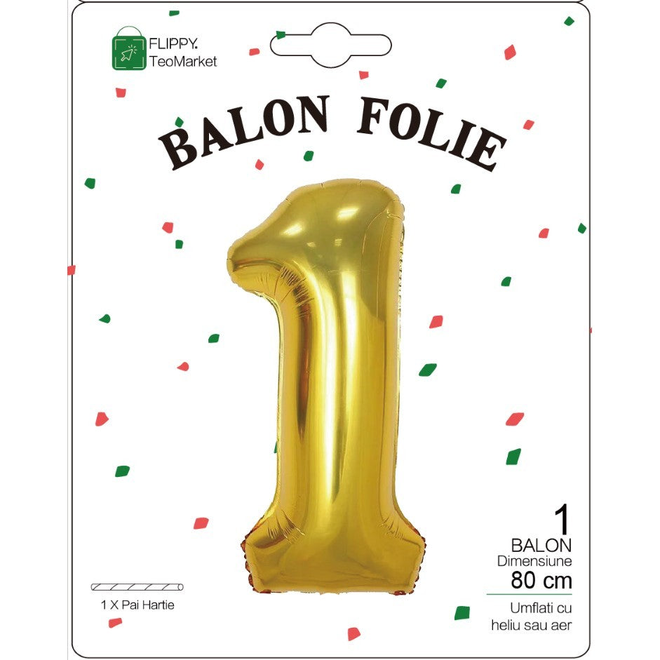 Fólia lufi, Számfigura, Születésnapi Motívum 80 cm, Egyedi Csomagolás, Szalma mellékelve, Fújható Levegővel Vagy Héliummal, 1-es Szám