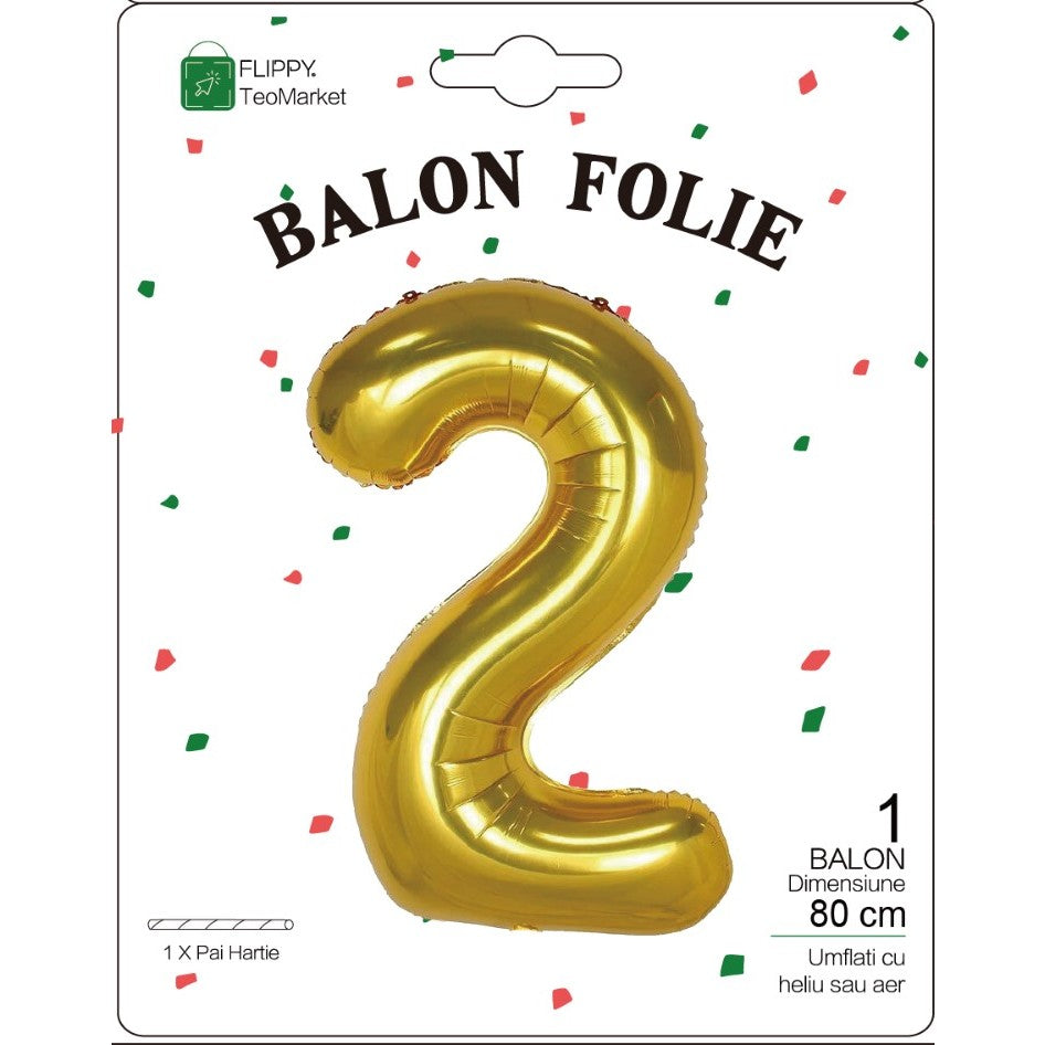 Fém fólia lufi, Számfigura, Születésnapi Motívum 80 cm, Egyedi csomagolás, Szalma mellékelve, Fújható levegővel vagy héliummal, 2-es szám