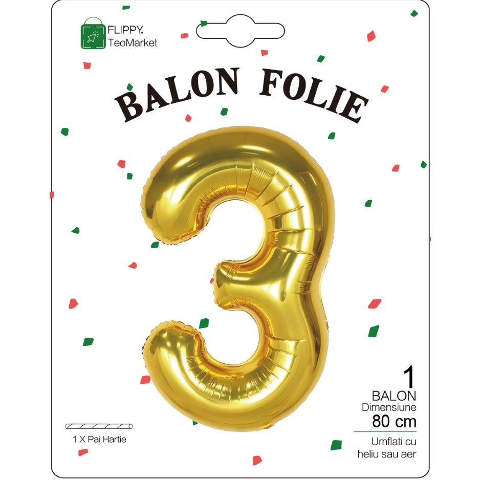 Fém fólia lufi, Számfigura, Születésnapi Motívum 80 cm, Egyedi csomagolás, Szalma mellékelve, Fújható levegővel vagy héliummal, 3-as szám