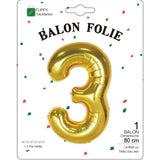 Fém fólia lufi, Számfigura, Születésnapi Motívum 80 cm, Egyedi csomagolás, Szalma mellékelve, Fújható levegővel vagy héliummal, 3-as szám