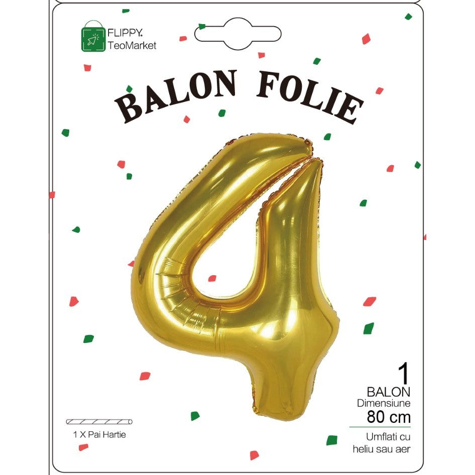 Fólia lufi, Számfigura, Születésnapi Motívum 80 cm, Egyedi csomagolás, Szalma mellékelve, Fújható levegővel vagy héliummal, 4-es szám