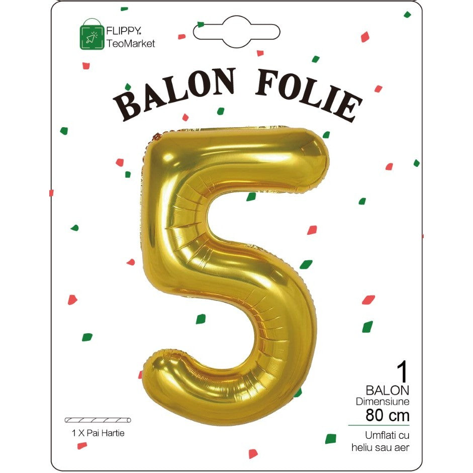 Fém fólia lufi, Számfigura, Születésnapi Motívum 80 cm, Egyedi csomagolás, Szalma mellékelve, Fújható levegővel vagy héliummal, 5-ös szám