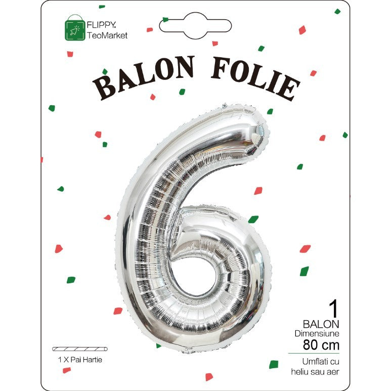 Balon Din Folie Metalizata, Figurina Cifra, Tema Aniversare 80 Cm, Ambalaj Individual, Pai Inclus, Umflare Cu Aer Sau Heliu, Cifra 6 - vivimall.ro