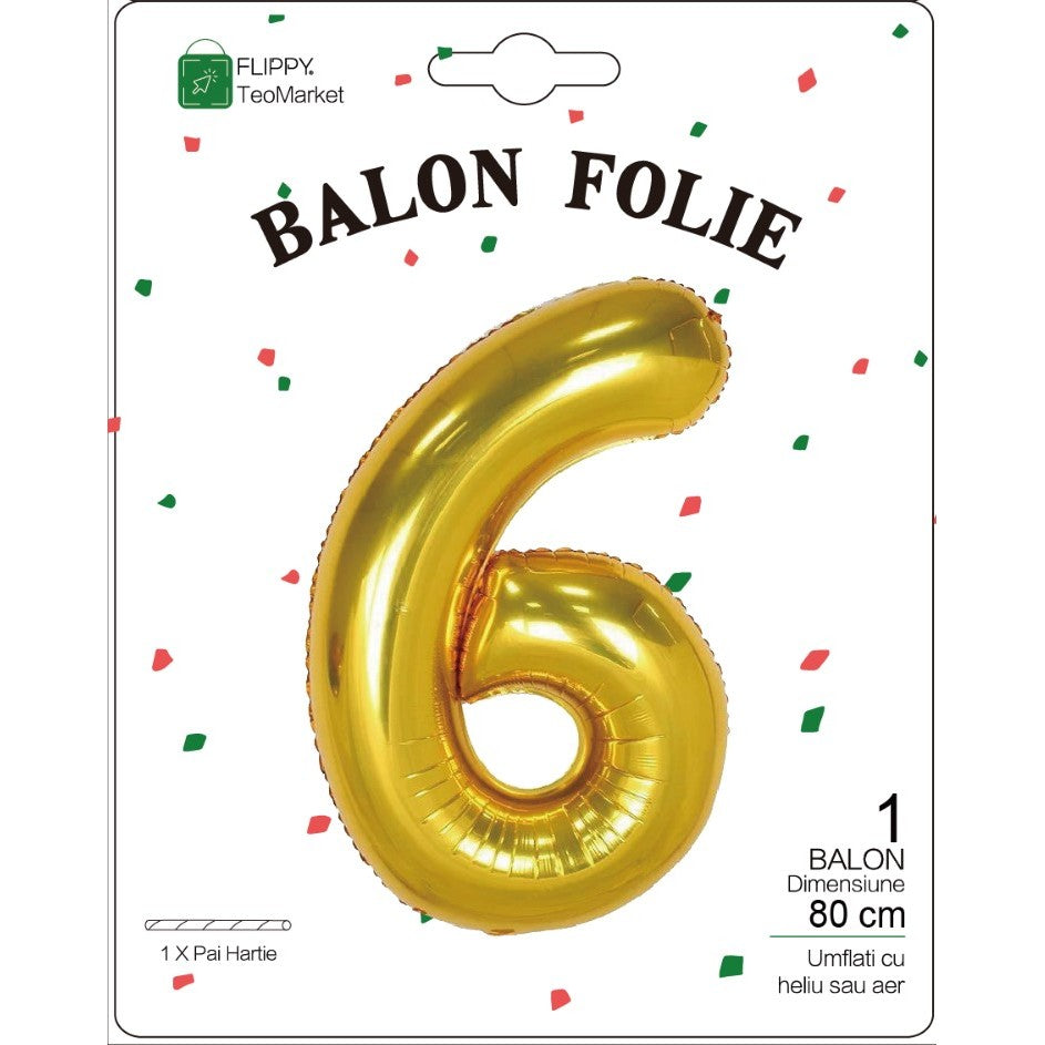 Fólia lufi, Számfigura, Születésnapi Motívum 80 cm, Egyedi csomagolás, Szalma mellékelve, Fújható levegővel vagy héliummal, 6-os szám