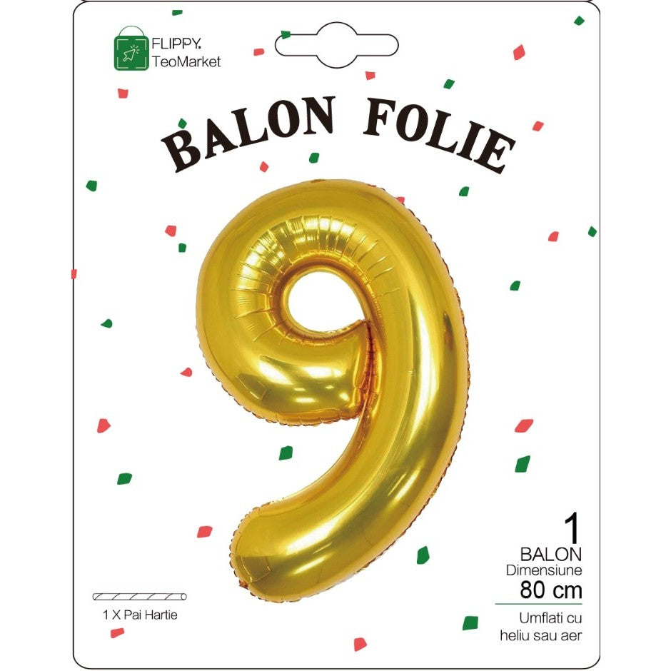 Fólia lufi, Számfigura, Születésnapi Motívum 80 cm, Egyedi csomagolás, Szalma mellékelve, Fújható levegővel vagy héliummal, 9-es Szám