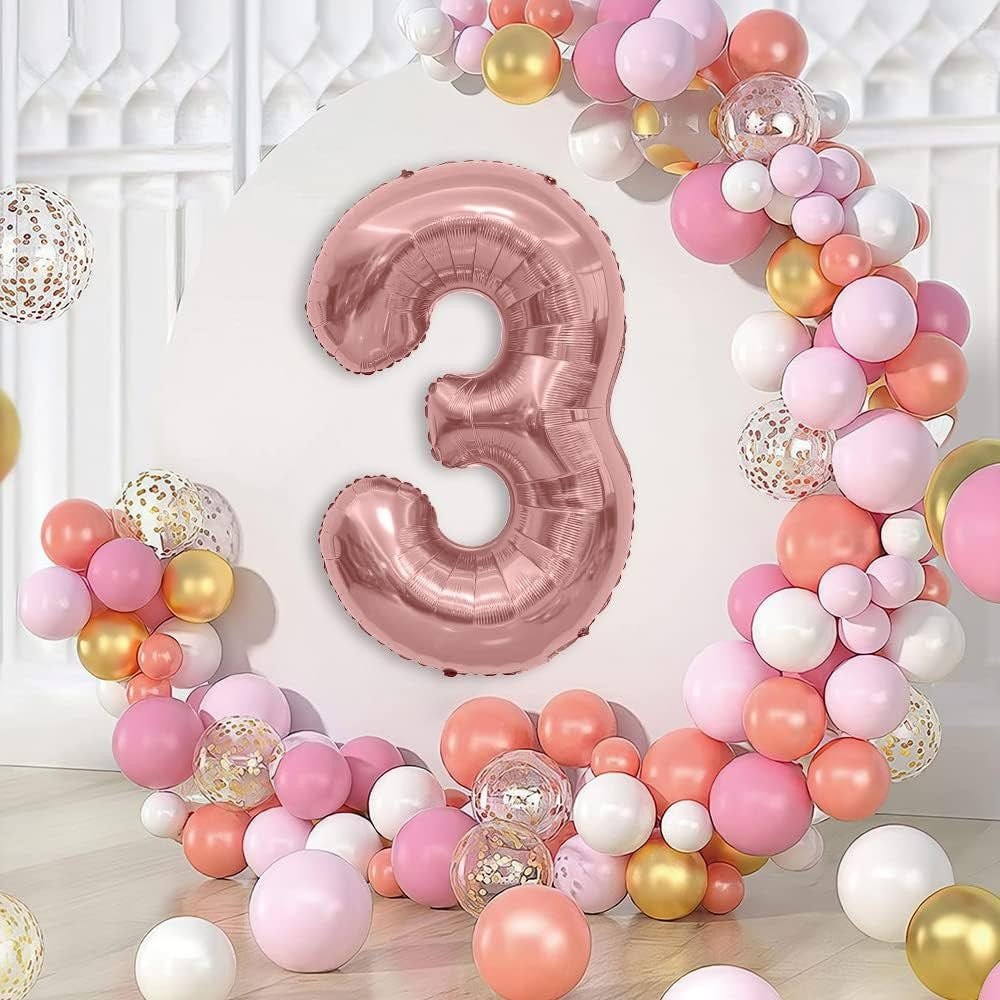 Balon din Folie Metalizata Vivimall, Figurina Cifra, Tema Aniversare 40 cm, Ambalaj Individual, Pai inclus, Umflare cu Aer sau Heliu, Rose Gold, Cifra 3 - vivimall.ro