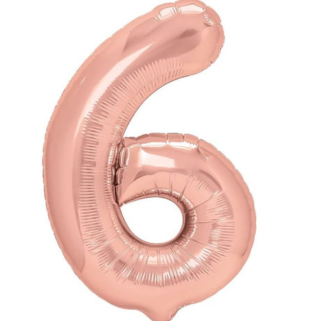 Balon din Folie Metalizata Vivimall, Figurina Cifra, Tema Aniversare 40 cm, Ambalaj Individual, Pai inclus, Umflare cu Aer sau Heliu, Roz Gold, Cifra 6 - vivimall.ro