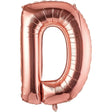 Balon folie metalizată litera D Rose Gold, 100 cm, vedere frontală, pai transparent inclus