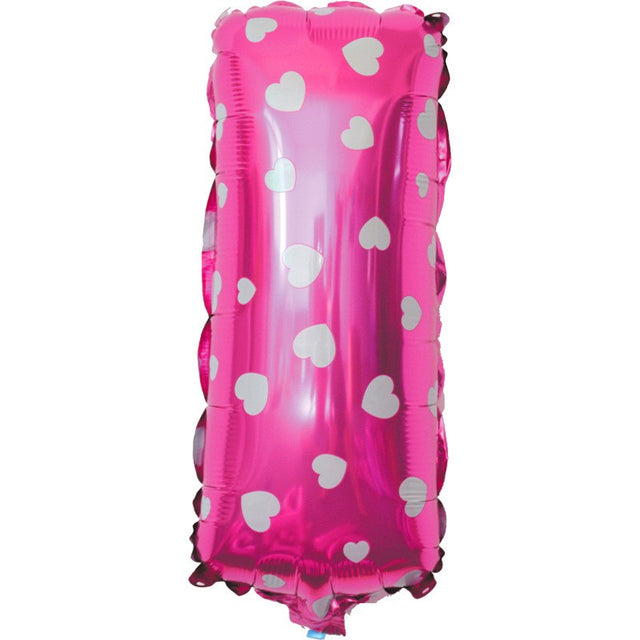 Balon Folie Metalizata Litera I, Vivimall, 40 cm, Cu Imprimeu Inimioare, Umflati cu Heliu sau Aer, Ambalaj Individual, Pai inclus, Roz - vivimall.ro