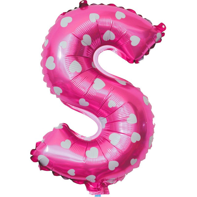 Balon Folie Metalizata Litera S, Vivimall, 40 cm, Cu Imprimeu Inimioare, Umflati cu Heliu sau Aer, Ambalaj Individual, Pai inclus, Roz - vivimall.ro