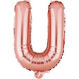 Balon folie metalizată litera U rose gold, 40 cm, vedere frontală, cu pai inclus