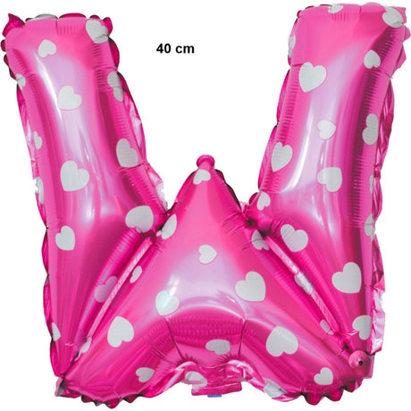 Balon Folie Metalizata Litera W, Vivimall, 40 cm, Cu Imprimeu Inimioare, Umflati cu Heliu sau Aer, Ambalaj Individual, Pai inclus, Roz - vivimall.ro