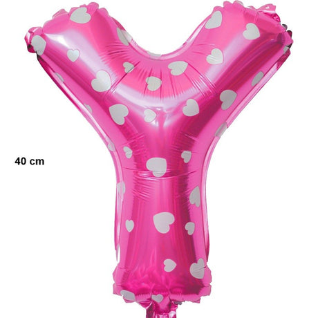 Balon Folie Metalizata Litera Y, Vivimall, 40 cm, Cu Imprimeu Inimioare, Umflati cu Heliu sau Aer, Ambalaj Individual, Pai inclus, Roz - vivimall.ro