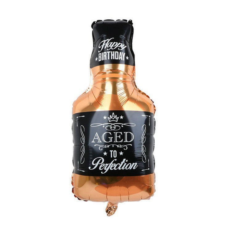 Fém fólia lufi, Whiskey-s üveg figura, születésnapi témájú, egyenként csomagolva, szívószállal, levegővel vagy héliummal felfújva