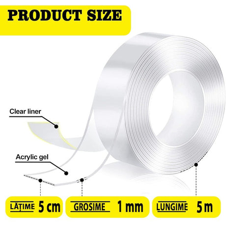 Banda Dublu Adeziva, Vivimall, Transparenta, Rezistenta la Apa, Reutilizabila, Tehnologie Nano, 50mm x 1mm x 5m, Fara Urme - vivimall.ro