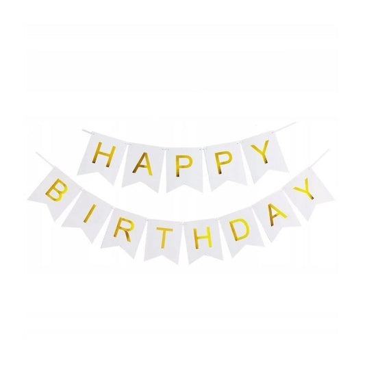 Banner Happy Birthday 100x200 cm, Vivimall, Dimensiune Stegulet 11.5x16.5 cm, Rola de Ata Inclusa, Alb - vivimall.ro