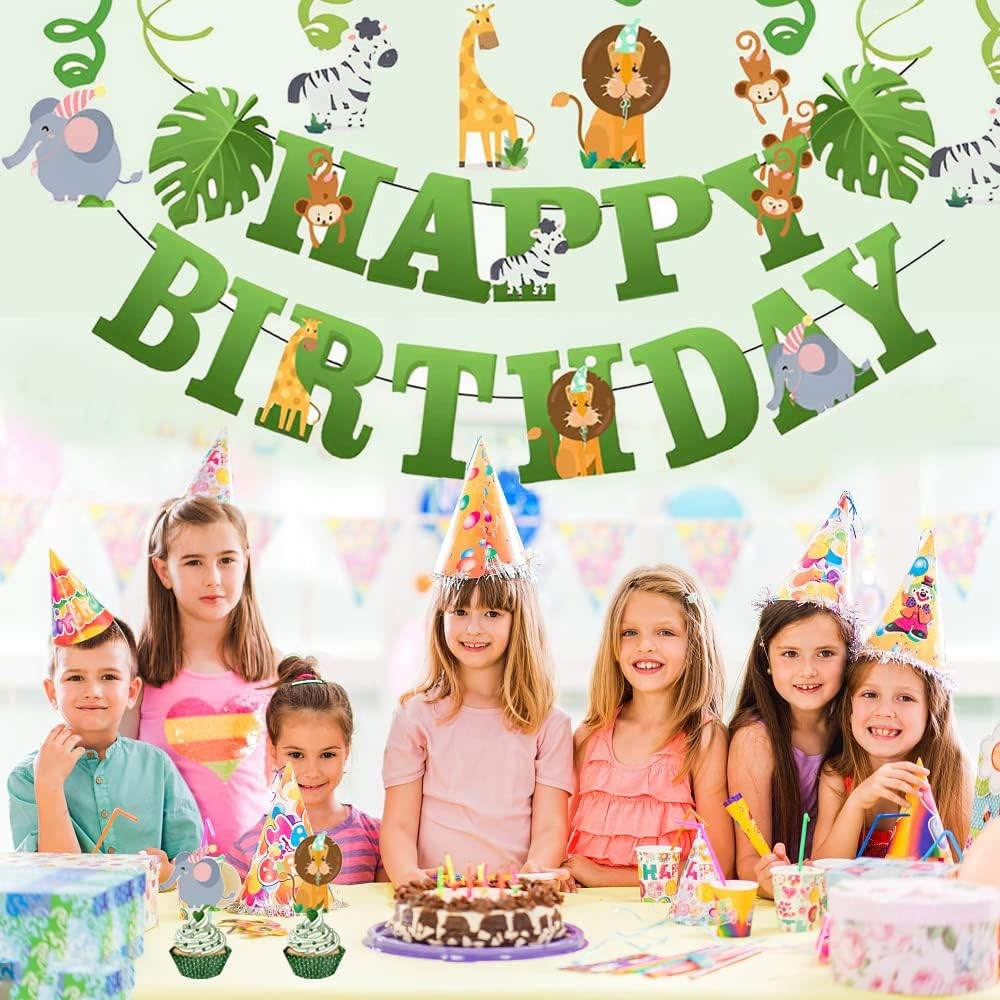 Banner Happy Birthday 100x200 cm, Vivimall, Rola de Ata Inclusa, Tematica Jungle, Verde - vivimall.ro