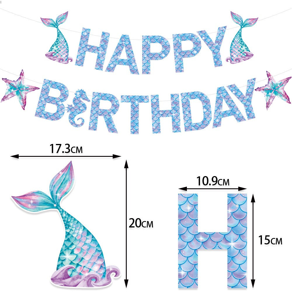Banner Happy Birthday Sirena, Vivimall, Colectia Mermaid, 17 Piese, Multicolor - vivimall.ro