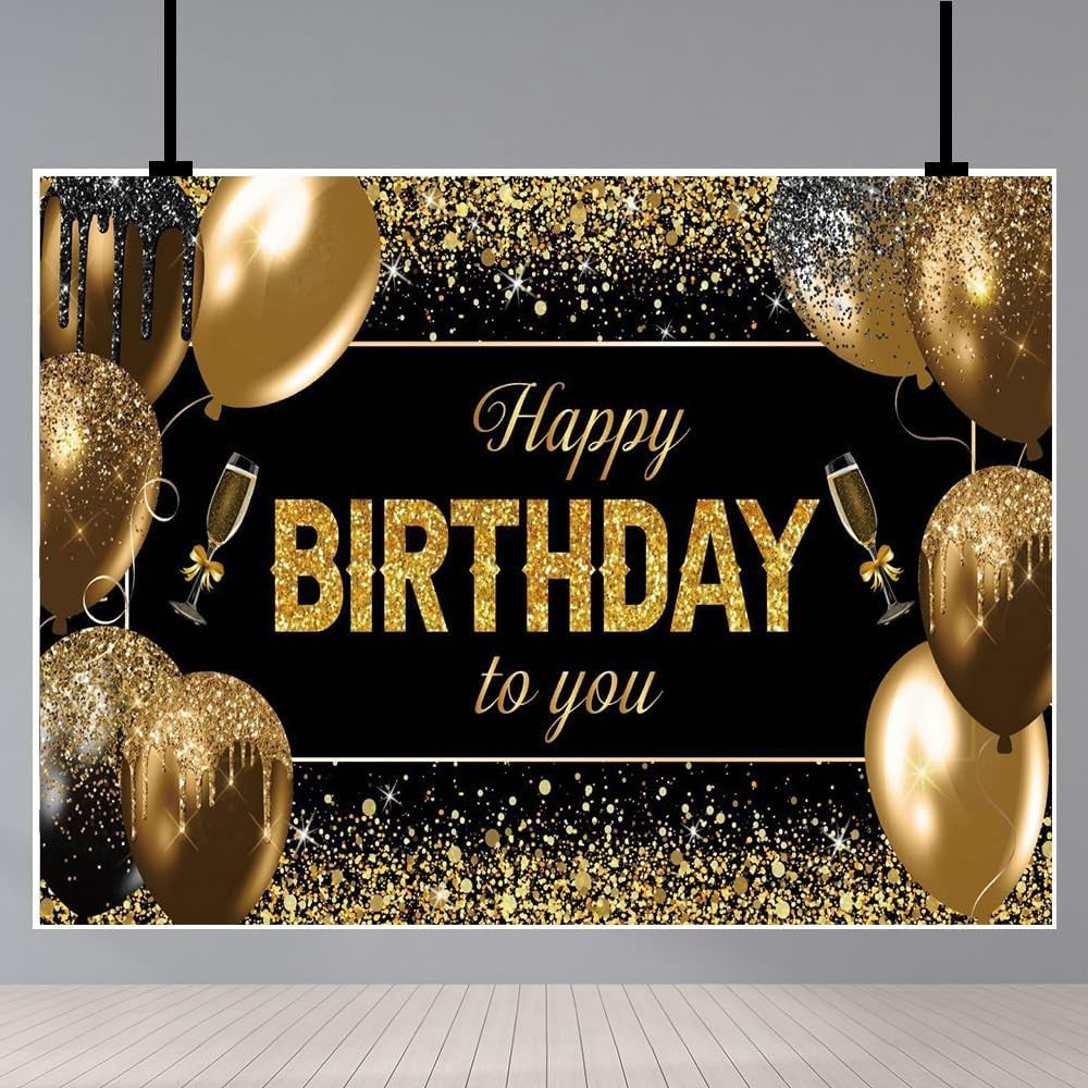 Banner Tip Fundal pentru Poze, Vivimall, din Panza, 185 x 110 cm, Sfoara 6 m, Prindere in 4 Colturi, Happy Birthday to You, Negru/Auriu - vivimall.ro