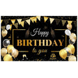 Fundal foto Happy Birthday din pânză poliester, 185×110 cm, design negru cu accente aurii, vedere frontală