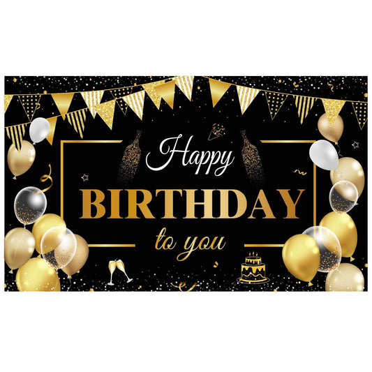 Banner Tip Fundal pentru Poze, Vivimall, din Panza, Model Happy Birthday to You, 185 x 110 cm, Sfoara 6 m, Prindere in 4 Colturi, Negru/Auriu - vivimall.ro
