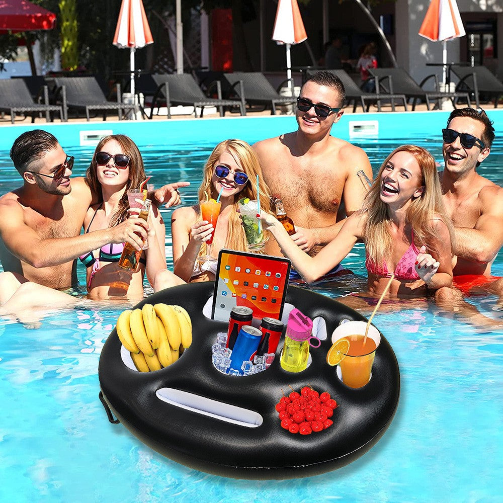 Bar gonflabil/Suport de pahare plutitor, Vivimall, cu 9 compartimente, pompa inclusa, PVC, Negru, 25x18,5x4 cm - vivimall.ro