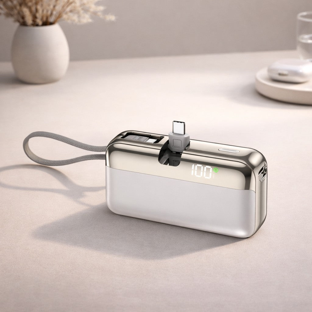 Baterie externă Flippy Capsule 10000 mAh, detaliu indicator LED și port USB, culoare albă