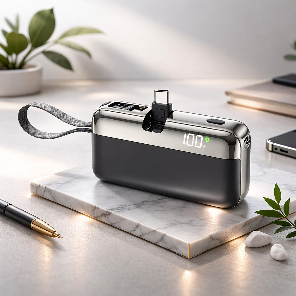 Power bank Flippy Capsule 10000 mAh negru, indicator LED nivel încărcare, compatibil USB, detaliu lateral