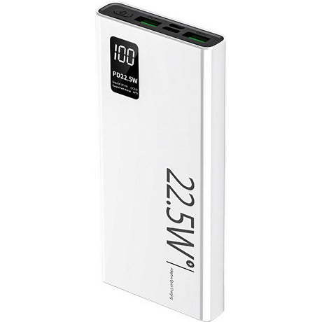 Baterie externă Vivimall 10000 mAh albă, vedere frontală cu ecran digital LED activ