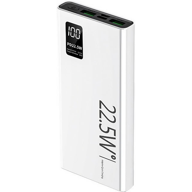 Baterie externă Vivimall 10000 mAh albă, vedere frontală cu ecran digital LED activ
