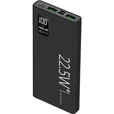 Baterie externă Vivimall 10000 mAh ultra-subțire neagră, vedere frontală cu ecran digital LED